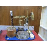 An Oak Biscuit Barrel, table lamp, brass lamp converted to electric, place mats, etc:- One Tray.