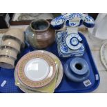 Novelty Blue and White Pottery Telephone, blue stoneware studio squat vase (incised makers