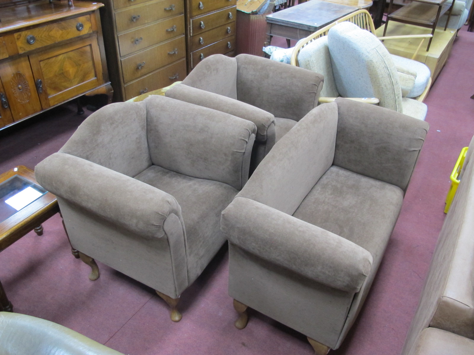 Mellissa Kay Bespoke Furniture, small three piece parlour suite upholstered in a brown fabric, on