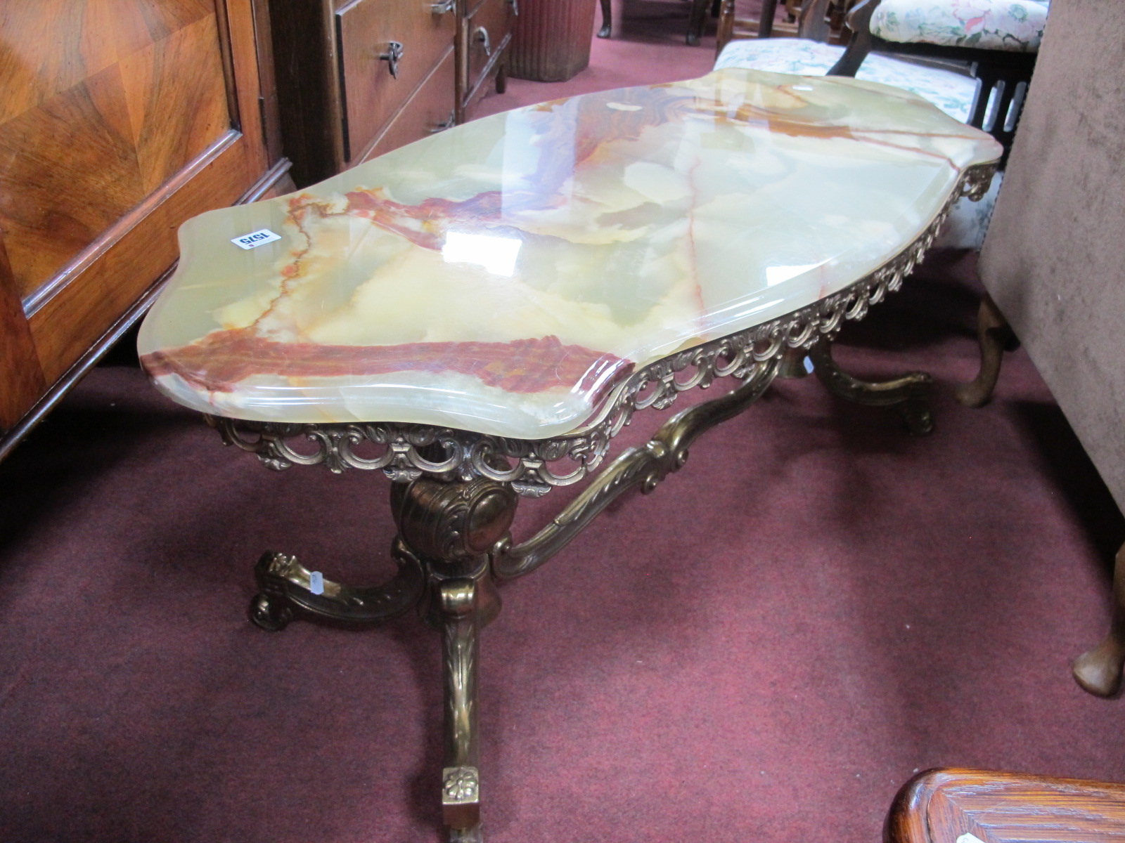 Italian Brass Coffee Table, on twin supports with onyx top, 106cm wide.