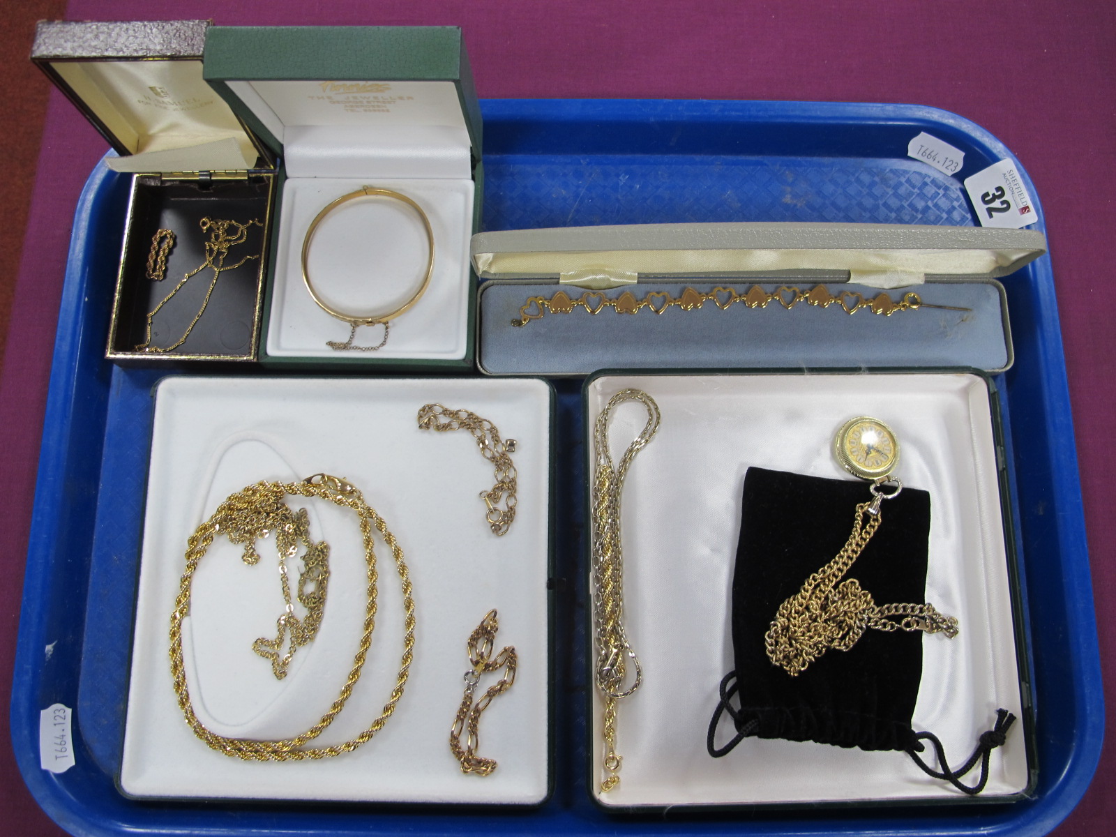 Rolled Gold Bangle, fine 9ct gold chain, assorted gilt metal chains, heart bracelet, vintage pendant