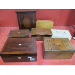 An Edwardian Mahogany Medicine Cabinet, 22.5cm wide, marquetry inlaid box, two Rosewood boxes, three