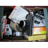 Cameras - Polaroid Automatic 100, Ricoh 500 RF, large lens, photocolour, etc, books,