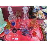 Two Decanters, Harlequin Bowled liqueurs, Czech wavy bowl, fish table centre etc:- One Tray.