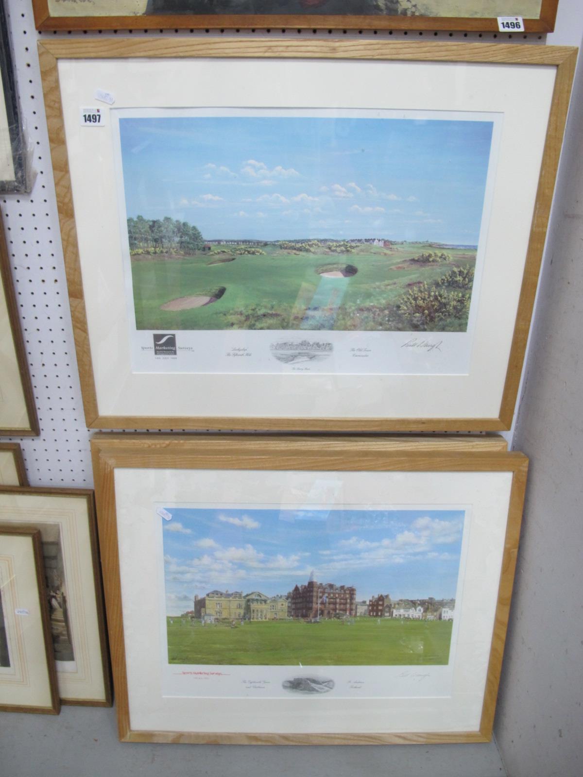 Bill Waugh Pencil Signed Golf Course Prints, 'Troon', 'St Andrews' and 'Carnoustie', images 28.5 x