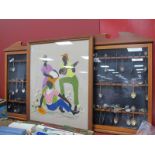 Felt Picture Featuring Caribbean Figures, 53 x 44cm. A quantity of souvenir spoons in two display