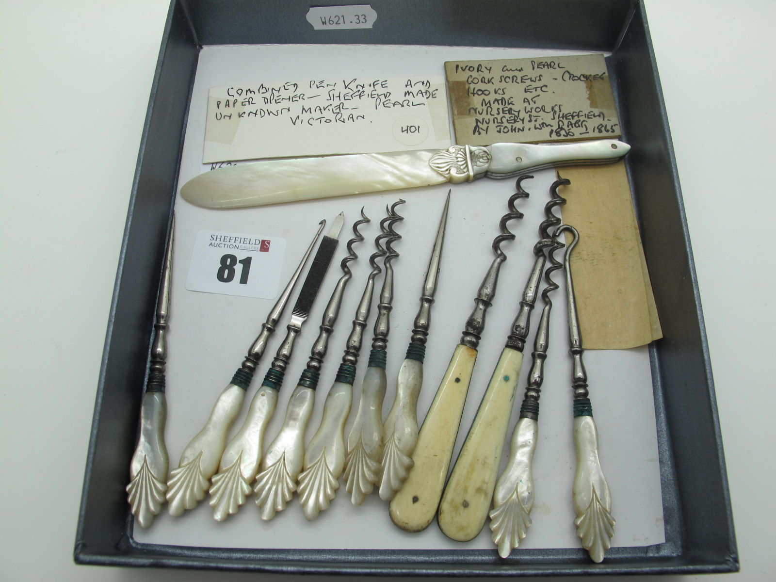 A Collection of Ivory and Mother of Pearl Handled Corkscrews and Implements, together with a