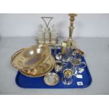 A Decorative Plated Condiment Stand, firtted with assorted glass bottle (damages); plated swing
