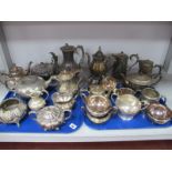 Assorted Plated Tea Wares, including decorative four piece tea set, hotel ware etc :- Two Trays