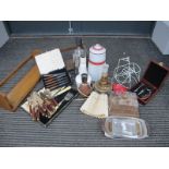 An Enamelled Pail, cutlery, oak book toughs, table lamps, etc:- One Box.