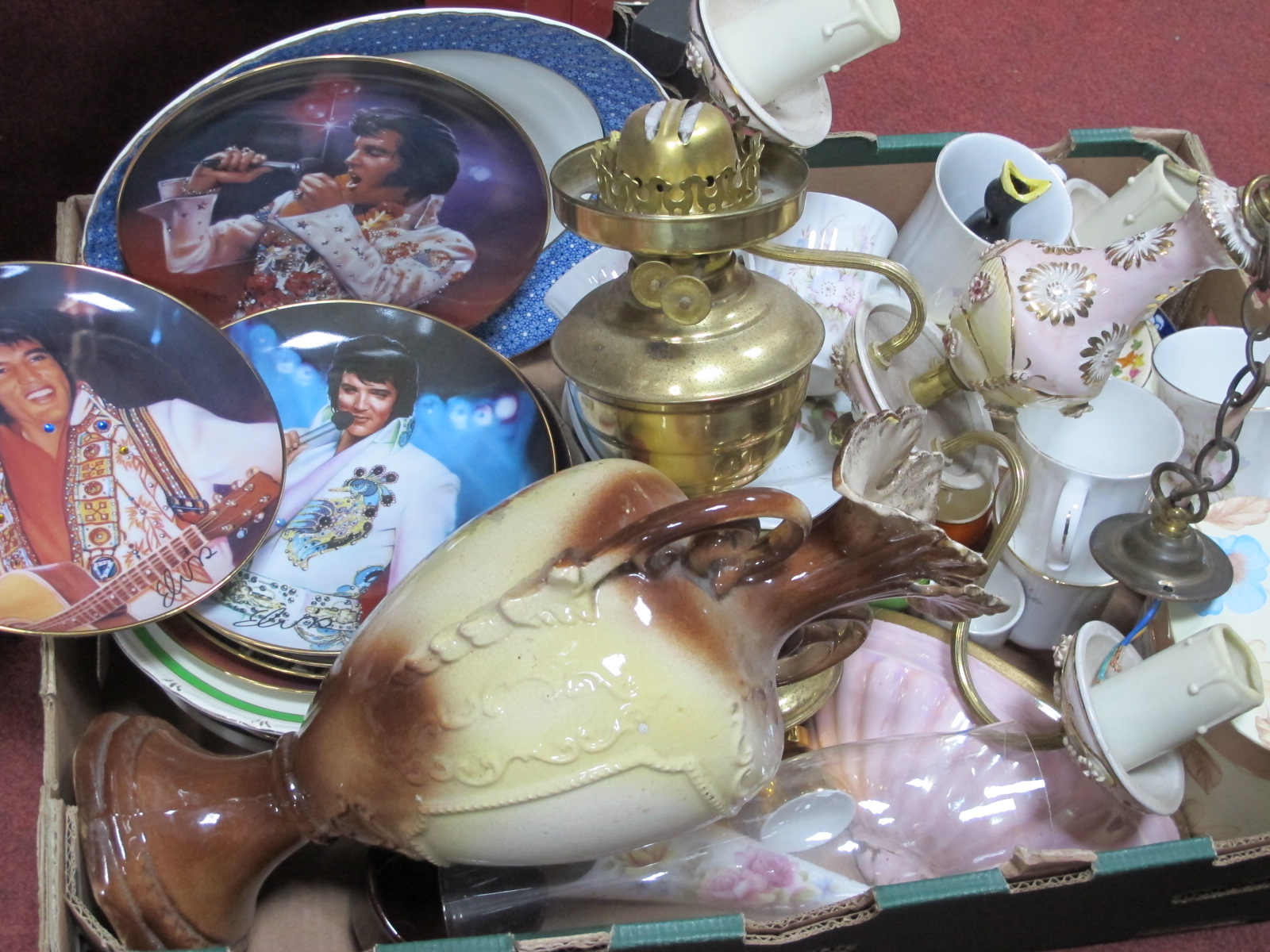 Six Bradex Plates Featuring Elvis Presley. other ceramics, ceiling light, oil lamp, etc:- One Box.