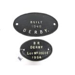 Railwayana; A B.R. Derby Lot No 30098 1954 Works Plate, painted in black with white lettering and of