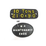 Railwayana; M.R. Maintenance Ends Works Plate, painted black with white lettering and of oval
