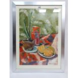 •MATTHEW SMITH (1879-1959) *ARR Still Life, pot plant, orange jug and fruit on a colourful throw,
