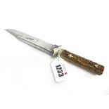 Bowie Knife, un-named, blood groove to blade, stag handle with brass cross and heart inserts,