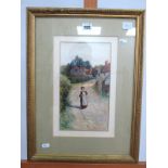GEORGE OYSTON (1861-1937) A Young Woman on a Country Lane Passing Cottages, watercolour, signed