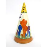 A Newport Pottery Clarice Cliff Conical Sugar Sifter, painted in the Crocus pattern against a