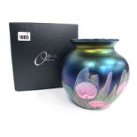 A Modern Okra Glass Iridescent Vase, of globular form, designed by Dave Barras, signed in