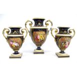 A Garniture of Derby Porcelain Vases, each of two handled campana form, painted in panels with