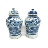A Pair of Early/Mid XX Century Chinese Vases and Covers, of baluster form, painted in blue with