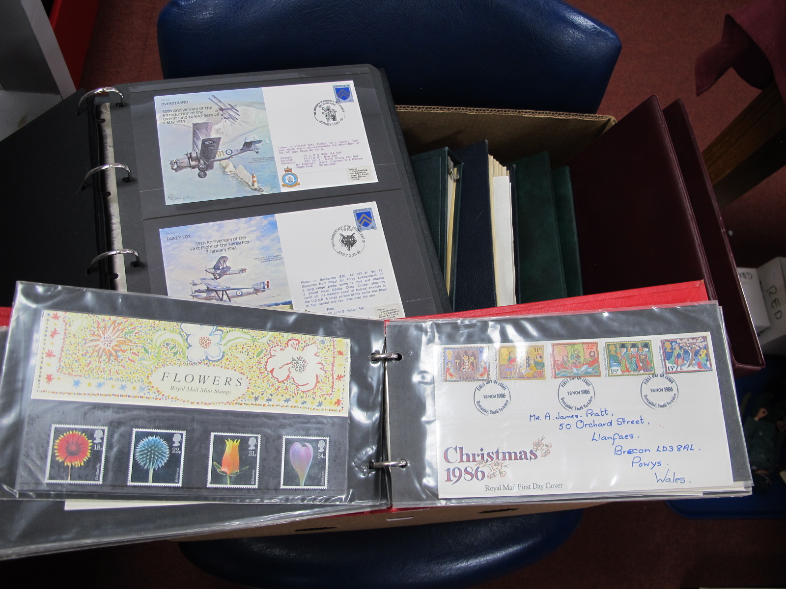 A Large Box of Stamp/Cover Albums, housing G.B FDC's, World collection of used stamps, a few G.B