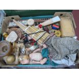 A XIX Century Doll, yew wood solitaire board, box of draughts etc:- One Box.