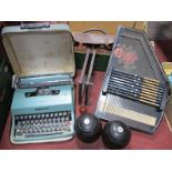 Zither, Olivetti Typewriter, Lindop lawn green bowls, etc:- One Box.