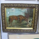 An Early XX Century Oleograph, featuring inquisitive horse, with other animals, in period frame