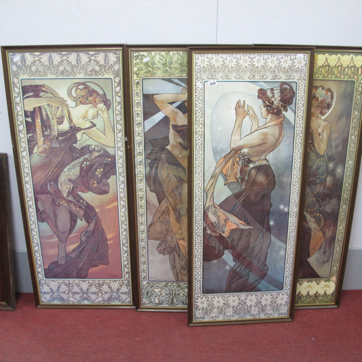 After Alphonse Mucha, coloured prints in the Art Nouveau manner, featuring semi clad figures, all