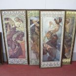 After Alphonse Mucha, coloured prints in the Art Nouveau manner, featuring semi clad figures, all