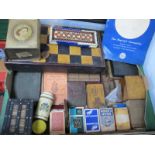 Arbonite Draughts, porcupine quill box, sampler, playing cards, crib boards, tins, etc:- One Box.