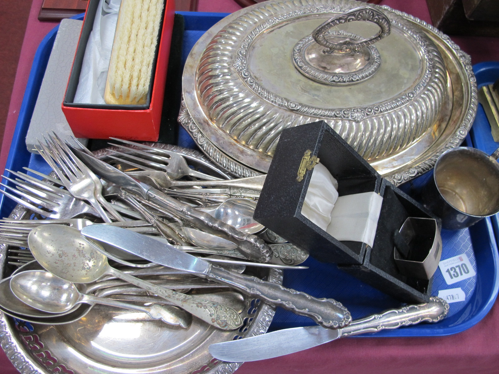 A XIX Century Plated Oval Tureen, silver hallmarked napkin ring, cutlery, etc:- One Tray.