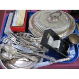 A XIX Century Plated Oval Tureen, silver hallmarked napkin ring, cutlery, etc:- One Tray.