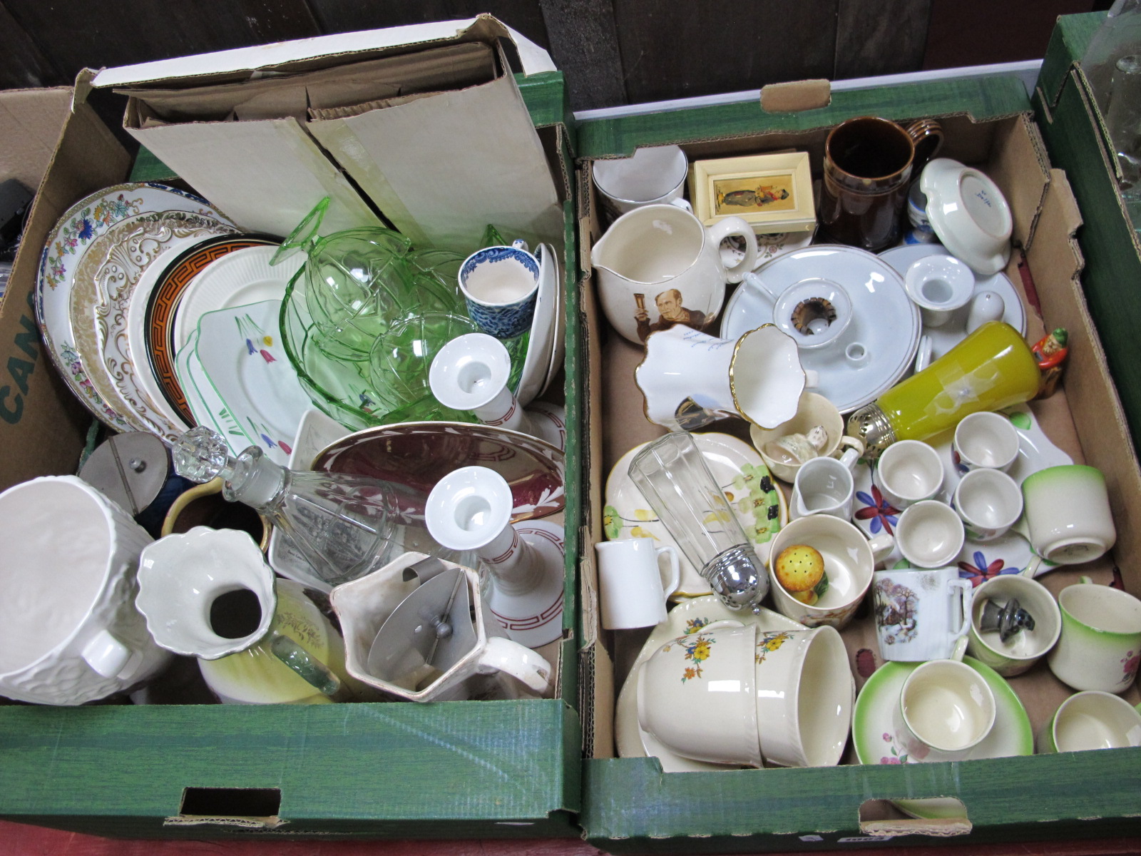 Chamber Sticks, tea ware, sugar castors, plates, etc:- Two Boxes.