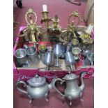 A Pair of Gilded Brass Twin Branch Wall Lights, with 'C' scroll decoration, pewter mugs, etc:- One