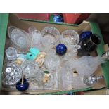 Decanter, claret jug with mask pourer, rose bowls, other glassware, pottery, Pendelfin, etc.