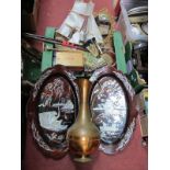 Chinese Oval Lacquered Wall Plaques, copper jug, brass hall brush set, games, canes, model boat,
