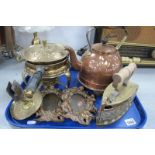 Two Coppered Free Standing Photo Frames and Kettle, brass iron, Vesta holder, etc:- One Tray