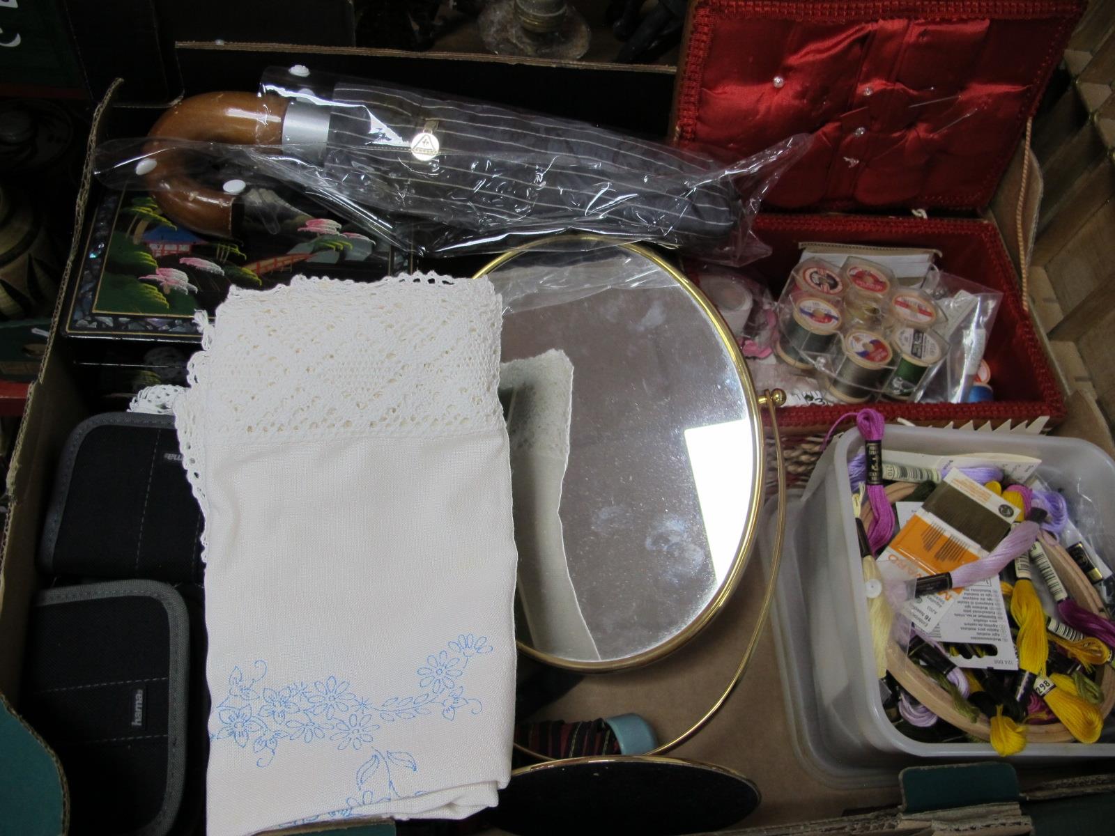 Ladies Sewing Box, with cottons, jewellery box, dressing mirror, etc:- One Box