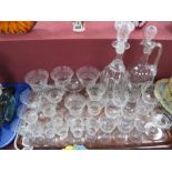 Edwardian Etched Stem Glasses, XIX Century decanters and stoppers:- One Tray