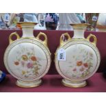 Royal Worcester, Pair of Moonflask Vases, each decorated with Chrysanthemums, on cream ground with