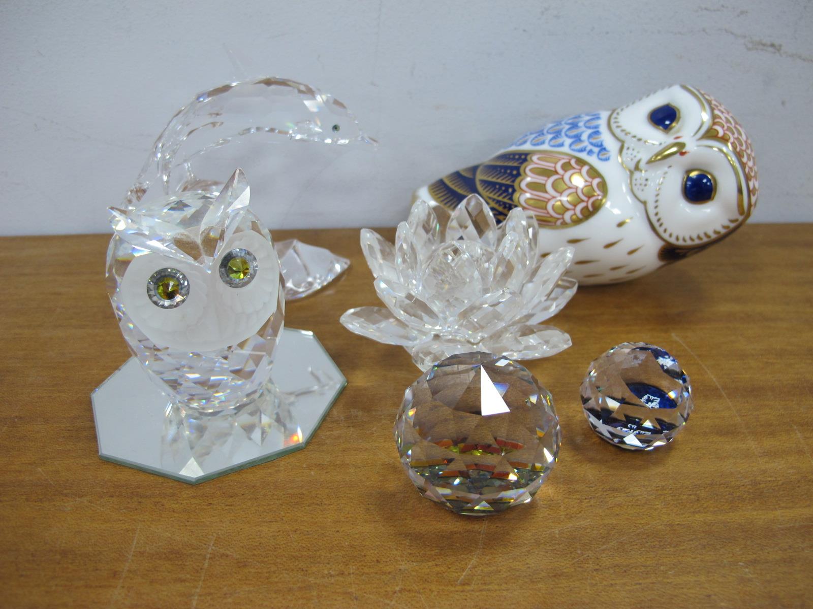 Swarovski Glass Figures, owl, dolphin, flower head, Royal Crown Derby paperweight of an owl.