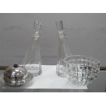 A Pair of Mikasa 'Windswept' Design Crystal Decanters and Stoppers, a fruit bowl and a silver plated