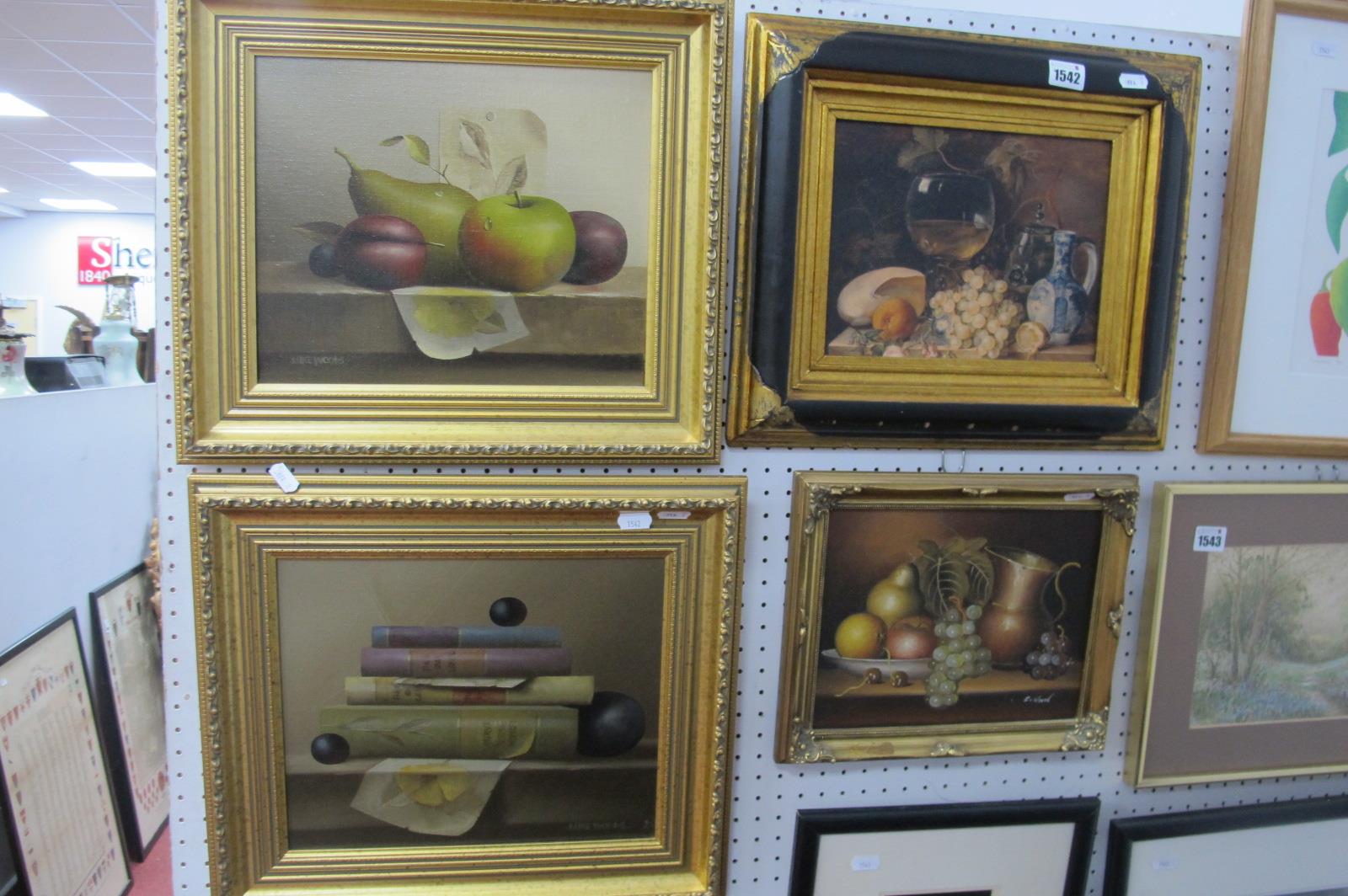 Mike Woods, pair of Still Life's of Fruit and Books, signed bottom right, together with two other