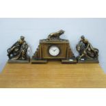 Ar Deco Period Plaster Three Piece Clock Garniture Set, the clock 'CF London' with lion surmount,
