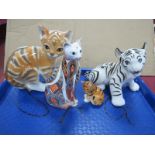 Crown Derby Paperweight of 'Siamese Cat', 13cm high (no stopper), three USSR baby cats. (4).