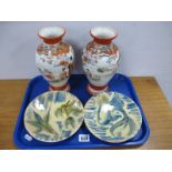Oriental Pair of Satsuma Vases, each featuring bird in flight and Geisha Girls, 23.5cm high, two