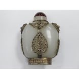 Oriental - Scent Bottle, with white metal applied mounts and mushroom stopper, 9cm high.