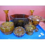 Amber Glass Hexagonal Bowl, featuring kingfishers, 24.5cm wide, candlesticks, posies, trinket