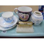 Longton 1897 Queen Victoria Jubilee Trio, Gaudy Welsh mug, Chinese style pot, cylinder calendar on